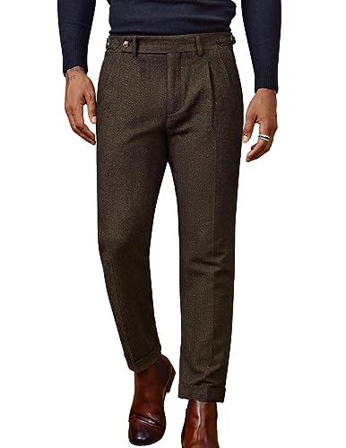 PJ PAUL JONES Herren Vintage Tweed-Hose Fischgräten-Falten-Anzughose, Braun, Groß von PJ PAUL JONES