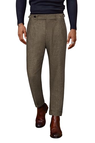 PJ PAUL JONES Herren Vintage Tweed Hose Fischgrätenmuster Plissee Anzug Hose, CAMEL, XXL von PJ PAUL JONES