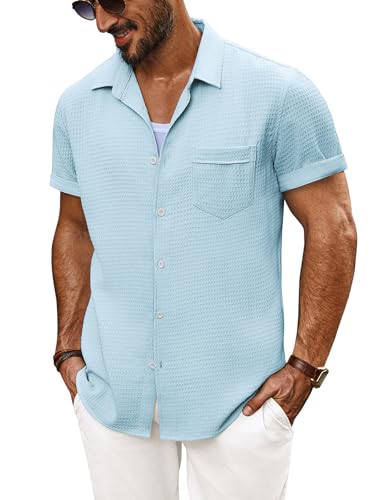 PJ PAUL JONES Herren Waffelhemd Button Down Kurzarm Basic Freizeithemd Hellblau XXL von PJ PAUL JONES