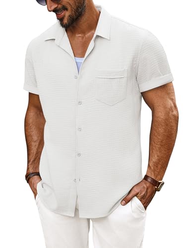 PJ PAUL JONES Herren Waffelhemd Button Down Kurzarm Basic Freizeithemd Weiß XXL von PJ PAUL JONES