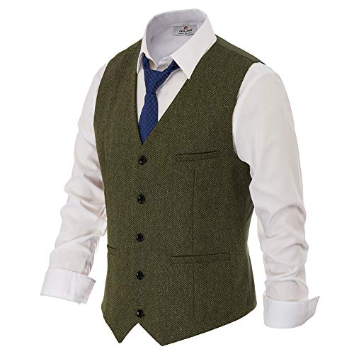 PJ PAUL JONES Herren Western Herringbone Tweed Anzug Weste Wollmischung V Ausschnitt Slim Fit Weste, Grün (Army Green), Medium von PJ PAUL JONES