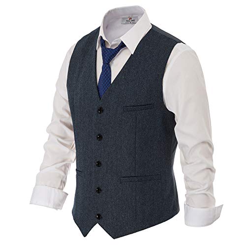 PJ PAUL JONES Herren Western Herringbone Tweed Anzug Weste Wollmischung V Ausschnitt Slim Fit Weste, Navy Blue, X-Large PJ PAUL JONES Herren Western Herringbone Tweed Anzug Weste Wollmischung V Ausschnitt Slim Fit Weste, Navy Blue, X-Large von PJ PAUL JONES
