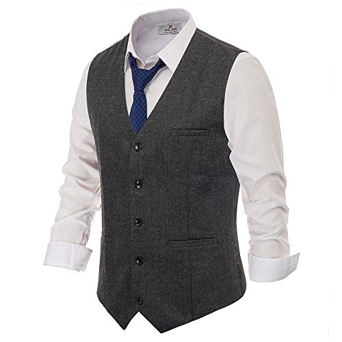 PJ PAUL JONES Herren Western Herringbone Tweed Anzug Weste Wollmischung V Ausschnitt Slim Fit Weste, Schwarz / Grau, X-Large PJ PAUL JONES Herren Western Herringbone Tweed Anzug Weste Wollmischung V Ausschnitt Slim Fit Weste, Schwarz / Grau, X-Large von PJ PAUL JONES