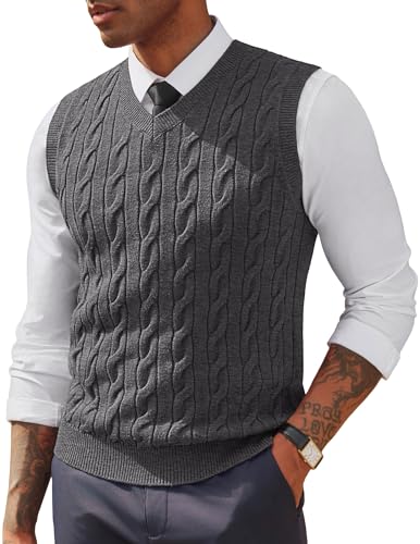 PJ PAUL JONES Herren Zopfstrickpullover, Weste, leicht, V-Ausschnitt, ärmellos, lässiger Pullover, grau dunkel, Medium von PJ PAUL JONES