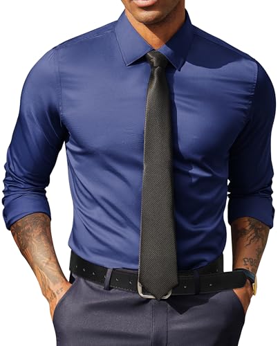 PJ PAUL JONES Herrenhemden Stretch Langarm Freizeithemd Klassisch Businesshemd Regular Fit Bügelfrei Modische Smoking Hemd, Marineblau, XXL von PJ PAUL JONES