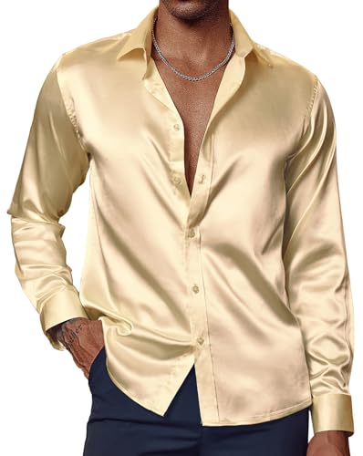 PJ PAUL JONES Herrenhemden aus glänzendem Satin, langärmelig, Seidenhemd mit Fliege und Knopfleiste, Light Champagne, L von PJ PAUL JONES