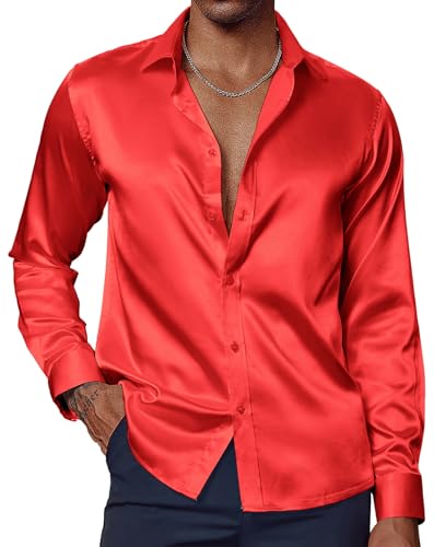 PJ PAUL JONES Herrenhemden aus glänzendem Satin, langärmelig, Button-Down-Seidenhemd mit Fliege, Rot/Ausflug, einfarbig (Getaway Solids), XX-Large von PJ PAUL JONES