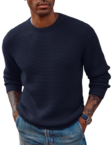 PJ PAUL JONES Herrenpullover Rundhals Strickpullover Waffelmuster Winterpullover Sweater Langarm Dunkelblau XL von PJ PAUL JONES