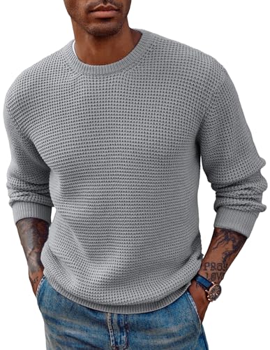 PJ PAUL JONES Herrenpullover Rundhals Strickpullover Waffelmuster Winterpullover Sweater Langarm Hellgrau M von PJ PAUL JONES