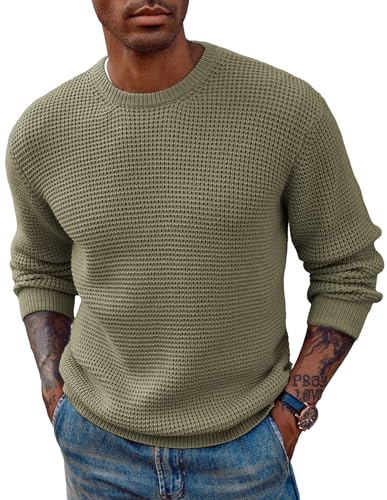 PJ PAUL JONES Herrenpullover Rundhals Strickpullover Waffelmuster Winterpullover Sweater Langarm Hellgrün L von PJ PAUL JONES