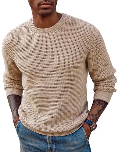PJ PAUL JONES Herrenpullover Rundhals Strickpullover Waffelmuster Winterpullover Sweater Langarm Khaki S von PJ PAUL JONES