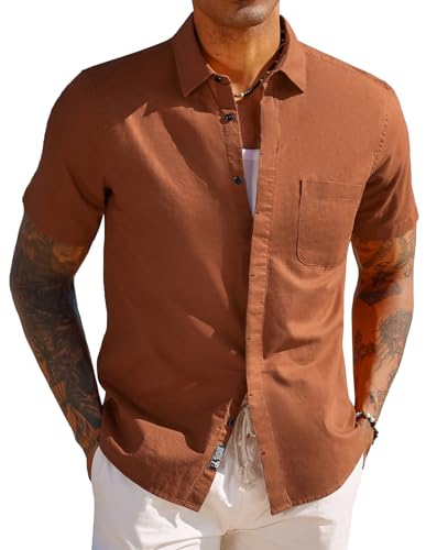PJ PAUL JONES Leinenhemd Herren Kurzarm Hemd Sommer Freizeithemd Einfarbig Strandhemd (Braun, S) von PJ PAUL JONES