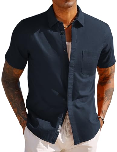 PJ PAUL JONES Leinenhemd Herren Kurzarm Hemd Sommer Freizeithemd Einfarbig Strandhemd (Navy blau, S) von PJ PAUL JONES