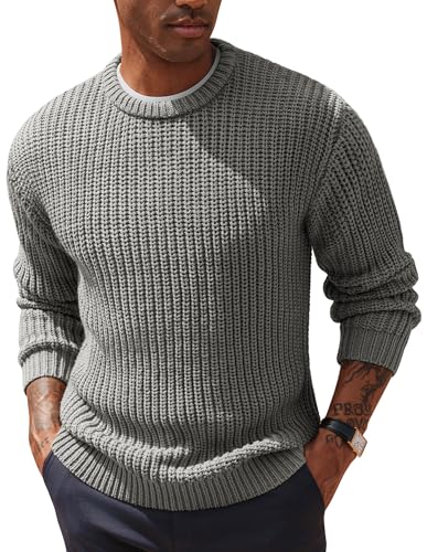 PJ PAUL JONES Pullover Herren Grobstrick Winterpullover mit Rundhalsausschnitt Strickpullover Silbergrau XL von PJ PAUL JONES