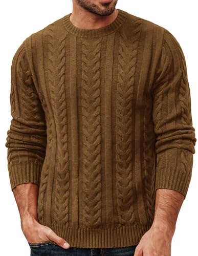 PJ PAUL JONES Pullover Herren Rundhalsausschnitt mit Zopfmuster Winter Strickpullover Sweater M Braun von PJ PAUL JONES