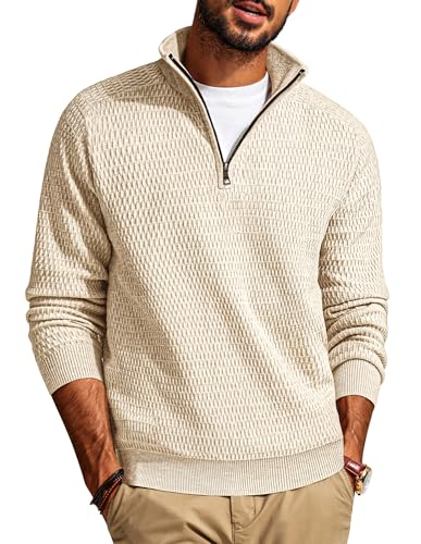PJ PAUL JONES Pullover Herren Stehkragen Troyer Pullover mit Reißverschluss Strickpullover Beige M von PJ PAUL JONES