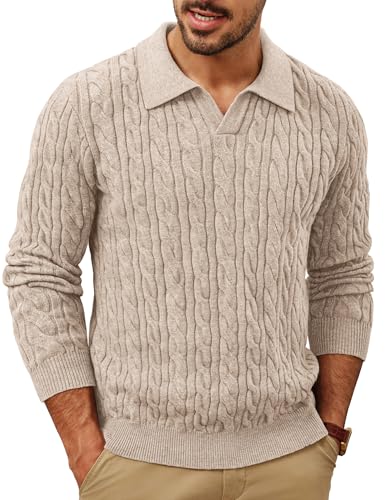 PJ PAUL JONES Pullover Herren Strick Polo Langarm V Ausschnitt Zopfmuster Strickpullover S Aprikose von PJ PAUL JONES