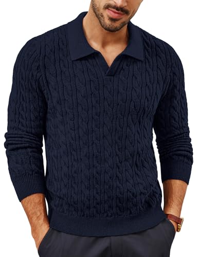 PJ PAUL JONES Pullover Herren Strick Polo Langarm V Ausschnitt Zopfmuster Strickpullover S Marineblau von PJ PAUL JONES