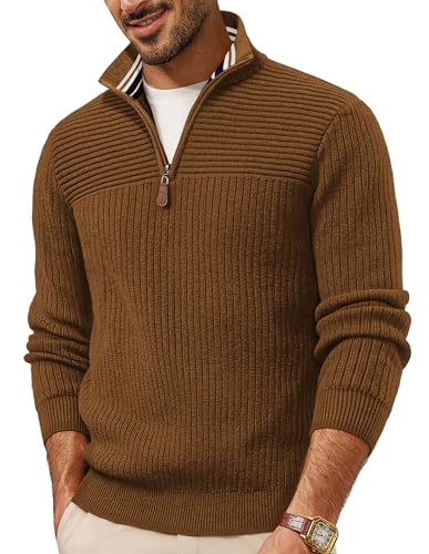 PJ PAUL JONES Pullover Herren Strickpullover V Ausschnitt Troyer Pullover mit Reißverschluss Slim Fit L Gelb von PJ PAUL JONES