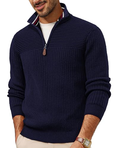 PJ PAUL JONES Pullover Herren Strickpullover V Ausschnitt Troyer Pullover mit Reißverschluss Slim Fit L Marineblau von PJ PAUL JONES