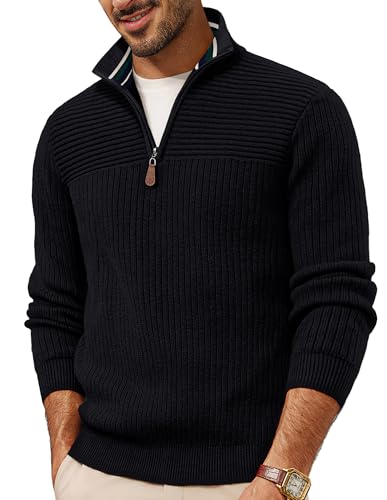 PJ PAUL JONES Pullover Herren Strickpullover V Ausschnitt Troyer Pullover mit Reißverschluss Slim Fit L Schwarz von PJ PAUL JONES