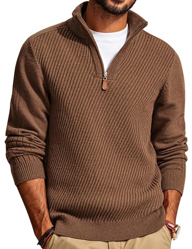 PJ PAUL JONES Pullover Herren Troyer Strickpullover Half Zip Feinstrick Männer Pulli Winterpullover Slim Fit Rollkragenpullover, Braun, XL von PJ PAUL JONES
