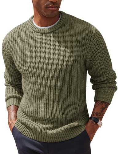 PJ PAUL JONES Pullover Herren Winter Strickpullover Regular Fit Grobstrick Pulli mit Rundhals Khakigrün L von PJ PAUL JONES