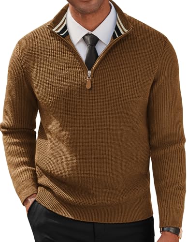 PJ PAUL JONES Pullover Herren mit Half Reißverschluss Arbeitspullover V Ausschnitt Waffel Strickpullover Sweater M Gelb von PJ PAUL JONES
