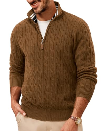 PJ PAUL JONES Pullover Herren mit Half Reißverschluss Arbeitspullover V Ausschnitt Zopfmuster Strickpullover Sweater M Gelb von PJ PAUL JONES