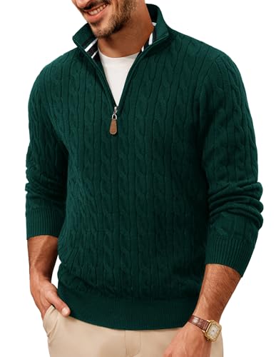 PJ PAUL JONES Pullover Herren mit Half Reißverschluss Arbeitspullover V Ausschnitt Zopfmuster Strickpullover Sweater M Grün von PJ PAUL JONES
