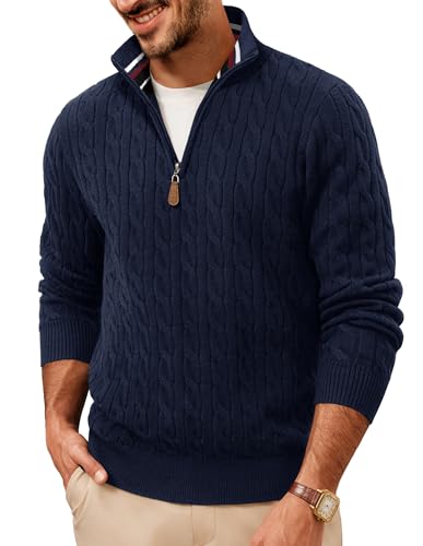 PJ PAUL JONES Pullover Herren mit Half Reißverschluss Arbeitspullover V Ausschnitt Zopfmuster Strickpullover Sweater M Marineblau von PJ PAUL JONES