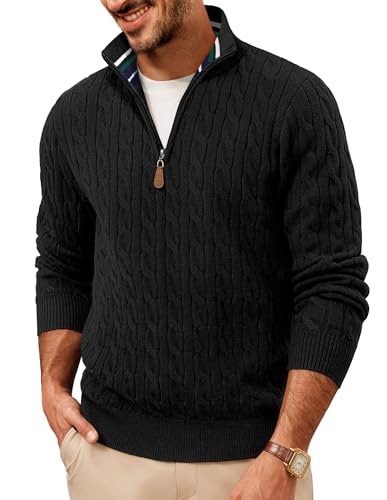 PJ PAUL JONES Pullover Herren mit Half Reißverschluss Arbeitspullover V Ausschnitt Zopfmuster Strickpullover Sweater M Schwarz von PJ PAUL JONES