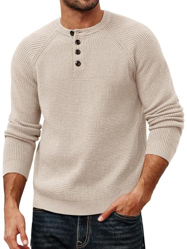 PJ PAUL JONES Herren Pullover Langarm mit Henley Kragen Waffelmuster Zeitloser Klassiker Apricot M von PJ PAUL JONES