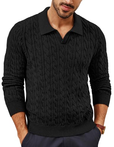 PJ PAUL JONES Pullover für Herren mit V Ausschnitt Zopfmuster Strickpullover Troyer Pullover Herren L Schwarz von PJ PAUL JONES