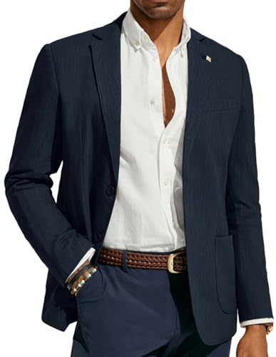 PJ PAUL JONES Sakko Herren Leinen Blazer Regular Fit Anzugjacke 2 Knopf Sportlich für Hochzeit Freizeit (Dunkelblau, L) von PJ PAUL JONES