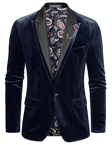 PJ PAUL JONES Sakko Herren in Samt Modern Luxus Velours Formeller Hochzeits Blazer mit Brosche (Dunkelblau, S) von PJ PAUL JONES