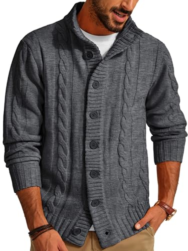 PJ PAUL JONES Strickjacke Herren Langarm Stehkragen Cardigan mit Stehkragen Knopfleiste Gestrickt Strickjacke für Winter Dunkelgrau, L von PJ PAUL JONES