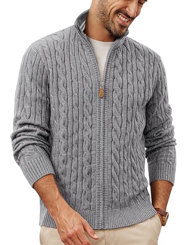 PJ PAUL JONES Strickjacke Herren mit Reissverschluss Stehkragen Cardigan Zopfmuster Hellgrau M von PJ PAUL JONES