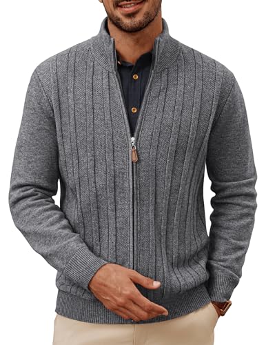 PJ PAUL JONES Strickjacke Herren mit Reissverschluss und Stehkragen Streifen Cardigan Dunkelgrau L von PJ PAUL JONES