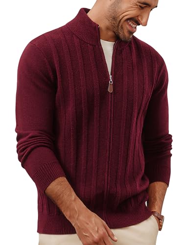 PJ PAUL JONES Strickjacke Herren mit Reissverschluss und Stehkragen Streifen Cardigan Rotwein S von PJ PAUL JONES