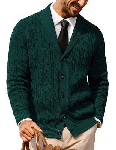PJ PAUL JONES Strickjacke Herren mit Schalkragen Grobstrick Cardigan Knopfleiste Dunkelgrün XXL von PJ PAUL JONES