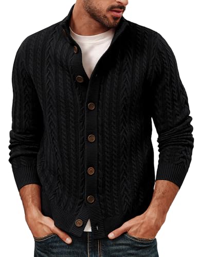PJ PAUL JONES Strickjacken für Herren Grobstrick Cardigan mit Zopfmuster Knopfleiste Schwarz M von PJ PAUL JONES