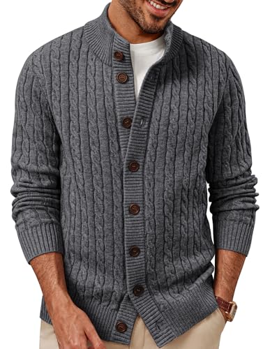 PJ PAUL JONES Strickjacken für Herren Stehkragen Cardigan mit Zopfmuster Knöpfe Dunkelgrau M von PJ PAUL JONES