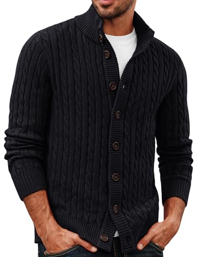 PJ PAUL JONES Strickjacken für Herren Stehkragen Cardigan mit Zopfmuster Knöpfe Schwarz M von PJ PAUL JONES