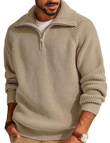 PJ PAUL JONES Strickpullover Herren V Ausschnitt Troyer mit Reißverschluss Stehkragen Waffel Pullover S Khaki von PJ PAUL JONES