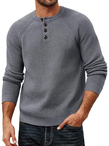 PJ PAUL JONES Waffelmuster Pullover Herren Langarm Henley Stil Kuschelig Warm Pflegeleicht Dunkelgrau M von PJ PAUL JONES