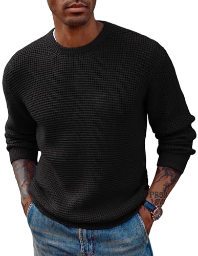 PJ PAUL JONES Herren Pullover Langarm Grobstrick Winterpullover mit Rundhalsaus Waffelstruktur Pulli Schwarz S von PJ PAUL JONES