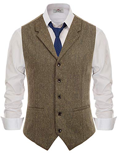 Paul Jones Herren-Weste mit Fischgrätenmuster, Tweed, taillierter Kragen, schmale Passform - Braun - Medium von PJ PAUL JONES