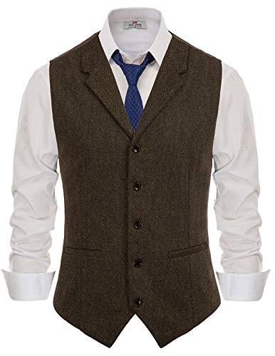 Paul Jones Herren-Weste mit Fischgrätenmuster, Tweed, taillierter Kragen, schmale Passform - Braun - X-Large von PJ PAUL JONES