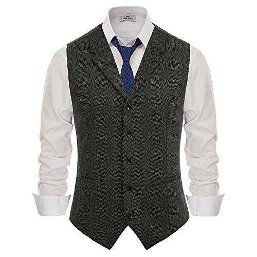 Paul Jones Herren-Weste mit Fischgrätenmuster, Tweed, taillierter Kragen, schmale Passform - Grau - Medium von PJ PAUL JONES